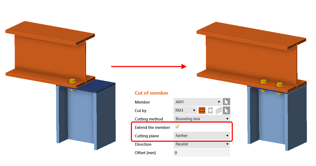 Extend the member using the cut operation