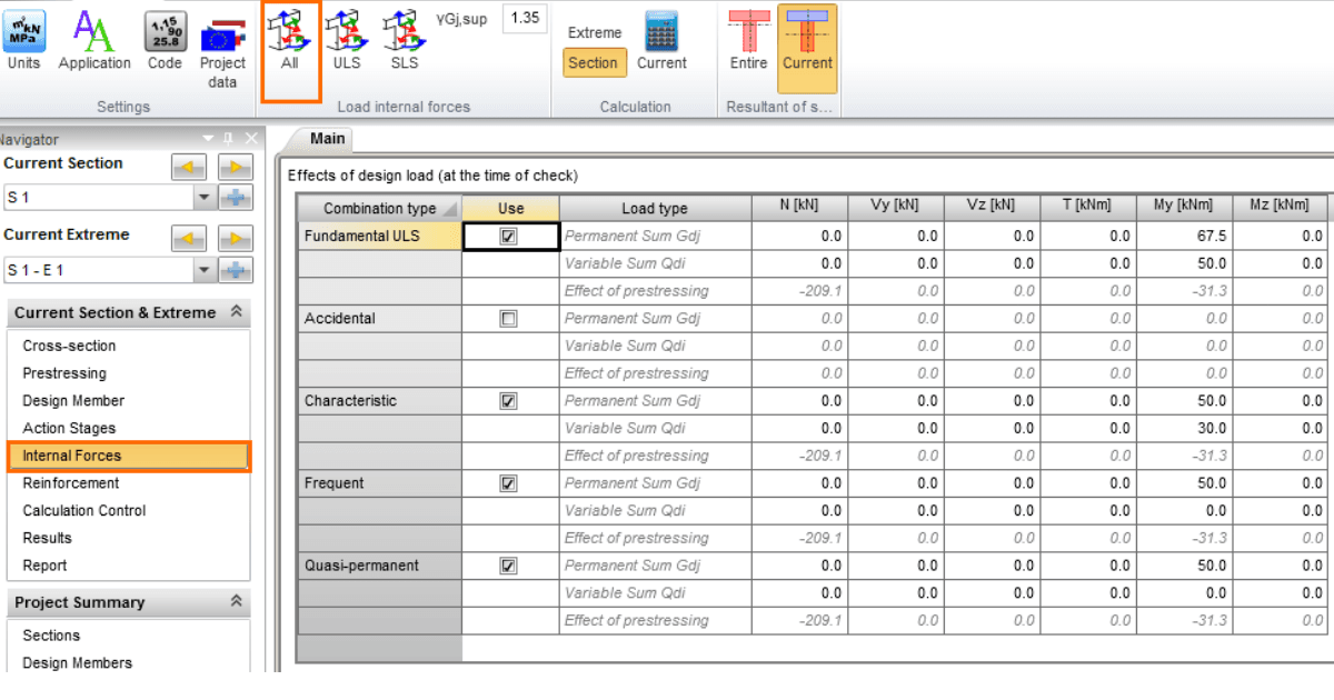 How to fill in the table of internal forces in RCS module