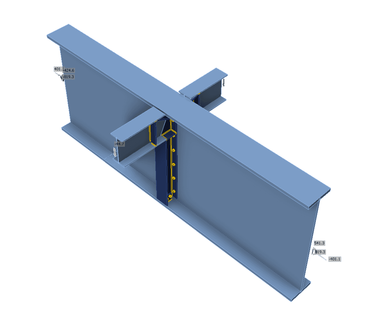 Connection of two "secondary" beams to the castellated beam