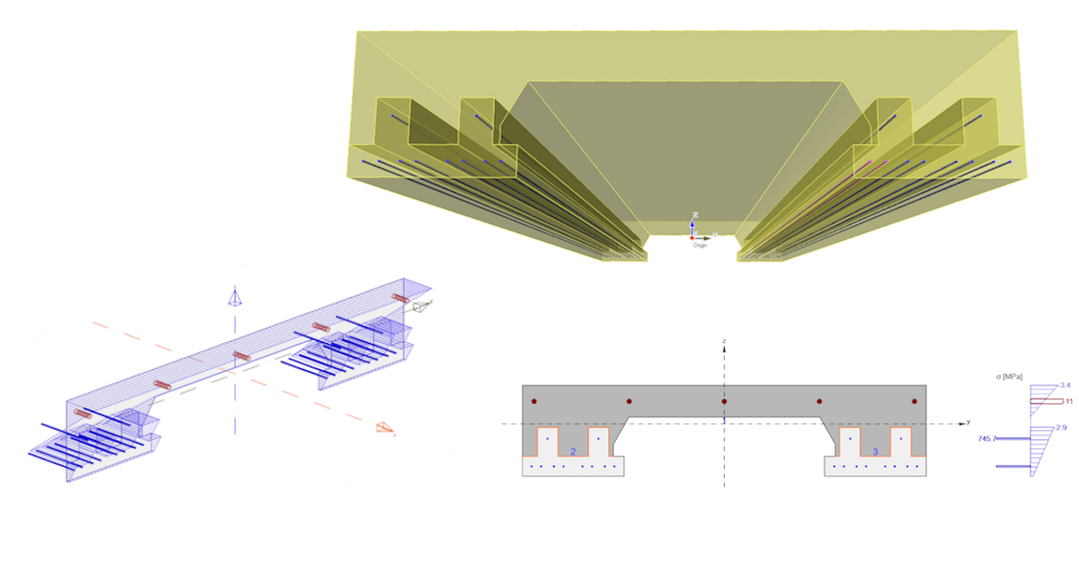 This model presents an advanced design of a Concrete Composite Prestressed Slab with a total length of 3.55 meters. It includes detailed calculations of the construction stages, incorporating time-dependent analysis (TDA), and a comprehensive code check. The design adheres to EN standards and was developed using IDEA StatiCa BEAM.